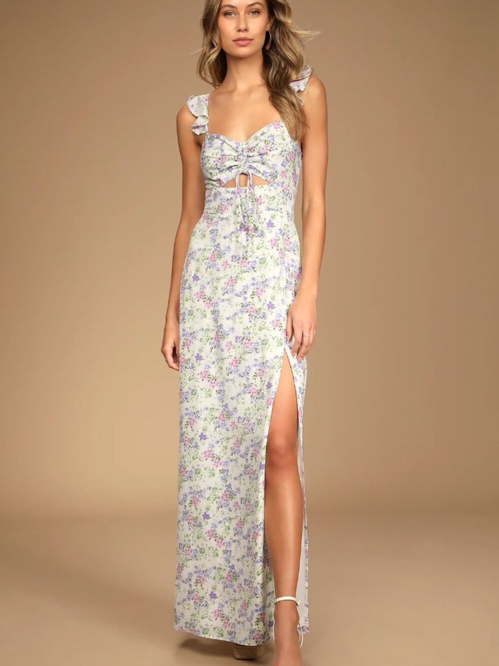 Lulus The Way to Love Ivory Floral Print Ruffled Maxi Dress